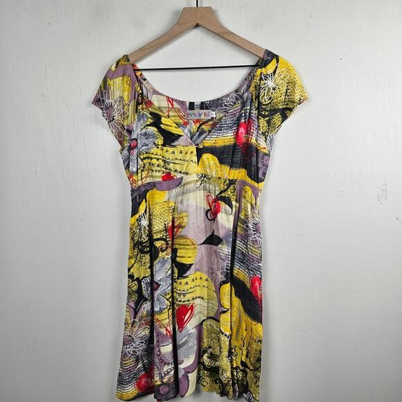 Jams World‎ Short Cap Sleeve Dress S Sweet Honey Abstract Yellow Print V-Neck - Picture 2 of 9